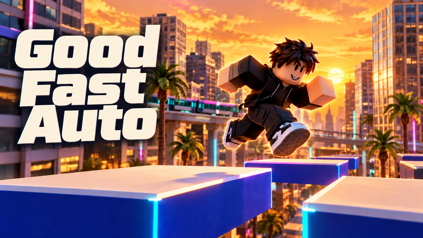 Good Fast Auto promotional concept art in a cobalt blue and hot pink city.