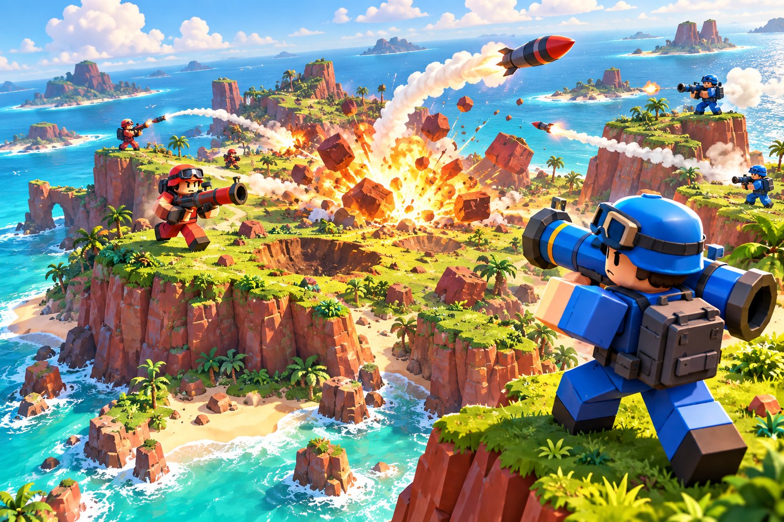 Counter Island promotional concept art: blue and red teams launch rockets across a tropical island.